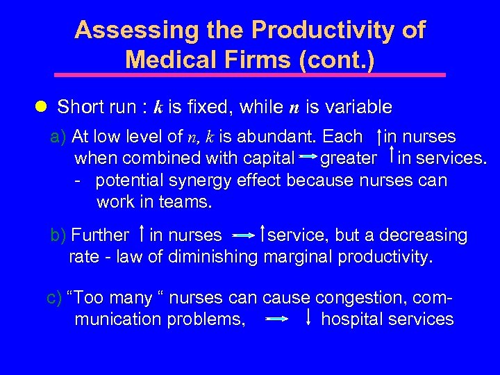Assessing the Productivity of Medical Firms (cont. ) l Short run : k is