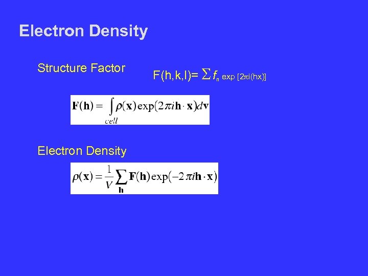 Electron Density Structure Factor F(h, k, l)= S fn exp [2 pi(hx)] Electron Density