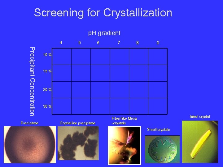 Screening for Crystallization p. H gradient 4 Precipitant Concentration Precipitate 5 6 7 8
