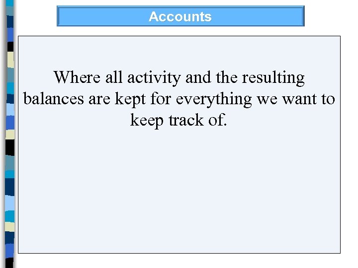 Accounts Where all activity and the resulting balances are kept for everything we want