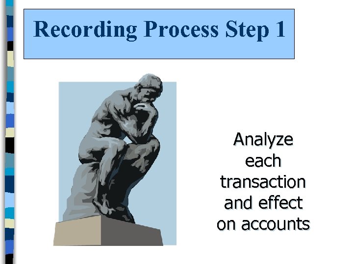 Recording Process Step 1 Analyze each transaction and effect on accounts 