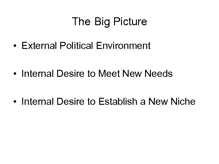 The Big Picture • External Political Environment • Internal Desire to Meet New Needs