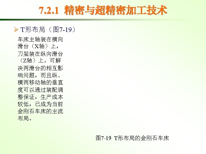 7. 2. 1 精密与超精密加 技术 Ø T形布局（图 7 -19） 车床主轴装在横向 滑台（X轴）上， 刀架装在纵向滑台 （Z轴）上。可解 决两滑台的相互影