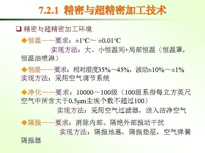 7. 2. 1 精密与超精密加 技术 q 精密与超精密加 环境 ◆恒温——要求：± 1℃～ ± 0. 01℃ ——