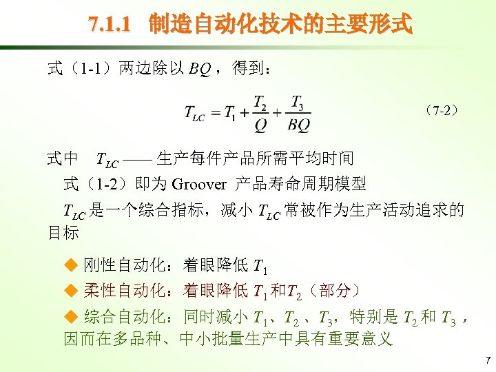 7. 1. 1 制造自动化技术的主要形式 式（1 -1）两边除以 BQ ，得到： （7 -2） 式中 TLC —— 生产每件产品所需平均时间