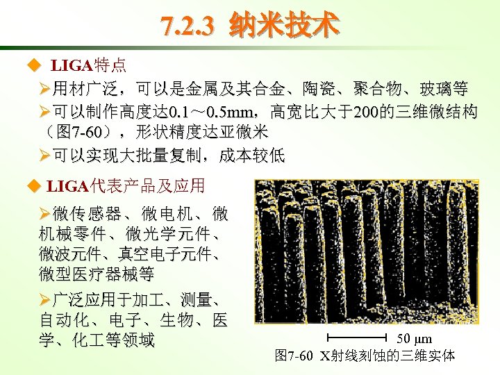 7. 2. 3 纳米技术 ◆ LIGA特点 Ø用材广泛，可以是金属及其合金、陶瓷、聚合物、玻璃等 Ø可以制作高度达 0. 1～ 0. 5 mm，高宽比大于200的三维微结构 （图