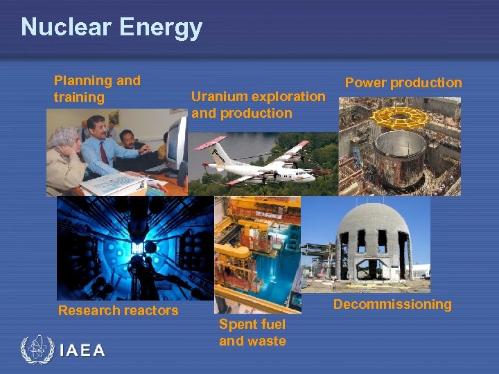 Nuclear Energy Planning and training Research reactors IAEA Uranium exploration and production Power production