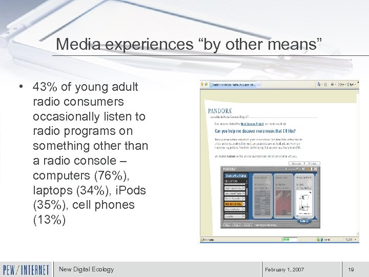 Media experiences “by other means” • 43% of young adult radio consumers occasionally listen