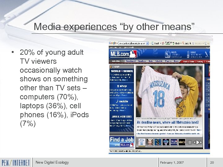 Media experiences “by other means” • 20% of young adult TV viewers occasionally watch