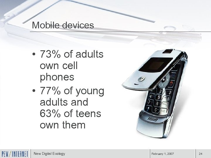 Mobile devices • 73% of adults own cell phones • 77% of young adults