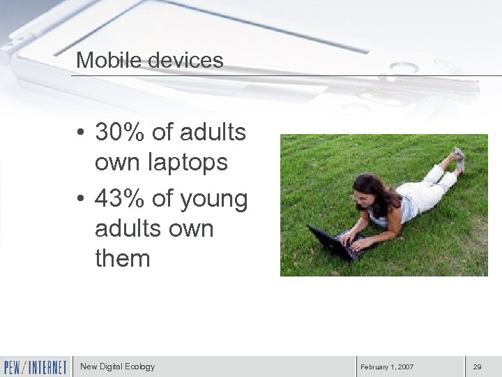 Mobile devices • 30% of adults own laptops • 43% of young adults own