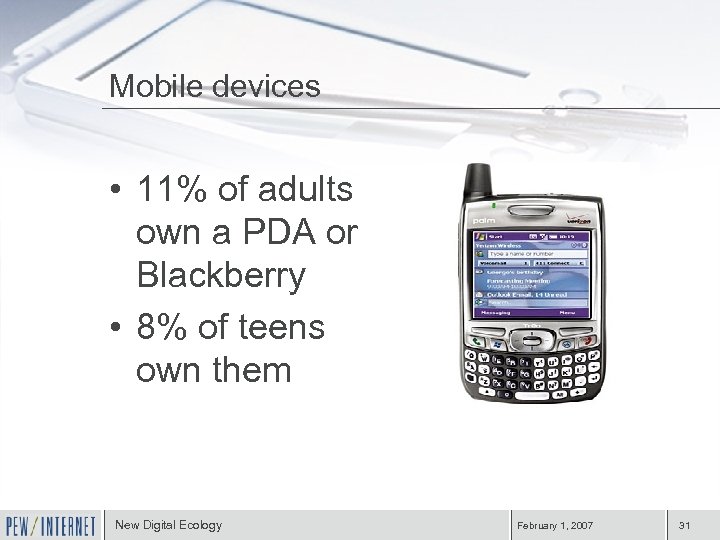 Mobile devices • 11% of adults own a PDA or Blackberry • 8% of