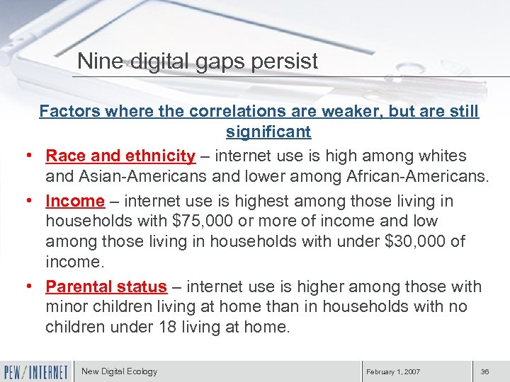Nine digital gaps persist Factors where the correlations are weaker, but are still significant