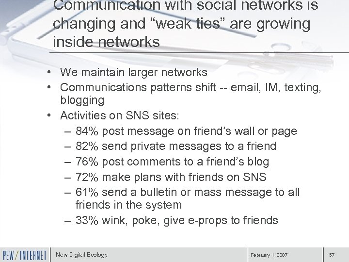 Communication with social networks is changing and “weak ties” are growing inside networks •