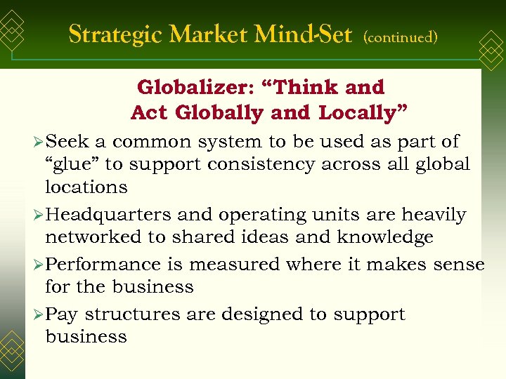 Strategic Market Mind-Set (continued) Globalizer: “Think and Act Globally and Locally” ØSeek a common