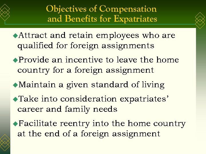 Objectives of Compensation and Benefits for Expatriates u. Attract and retain employees who are