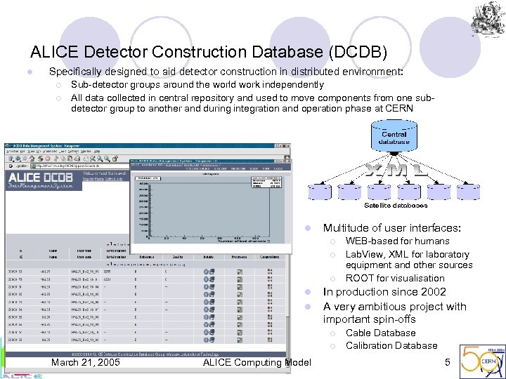 ALICE Detector Construction Database (DCDB) l Specifically designed to aid detector construction in distributed