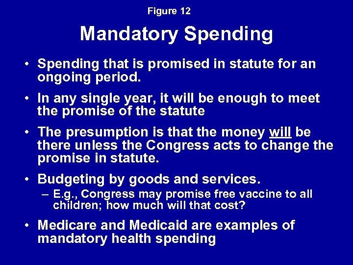 Figure 12 Mandatory Spending • Spending that is promised in statute for an ongoing