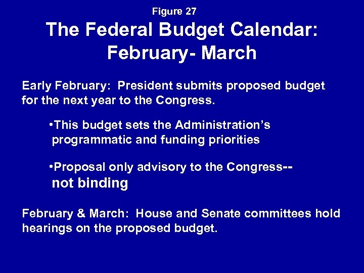 Figure 27 The Federal Budget Calendar: February- March Early February: President submits proposed budget