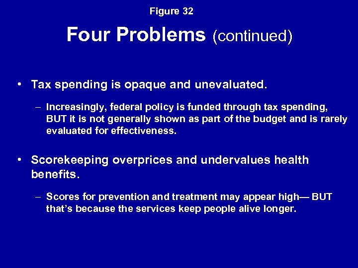 Figure 32 Four Problems (continued) • Tax spending is opaque and unevaluated. – Increasingly,