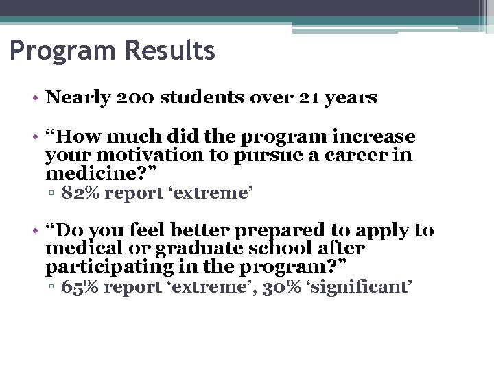 Program Results • Nearly 200 students over 21 years • “How much did the