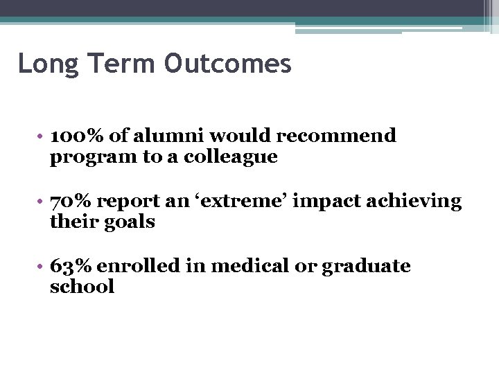 Long Term Outcomes • 100% of alumni would recommend program to a colleague •