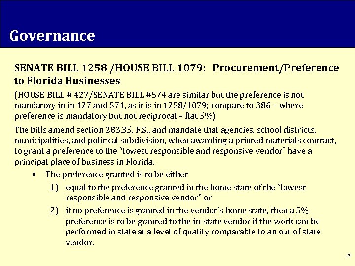 Governance SENATE BILL 1258 /HOUSE BILL 1079: Procurement/Preference to Florida Businesses (HOUSE BILL #