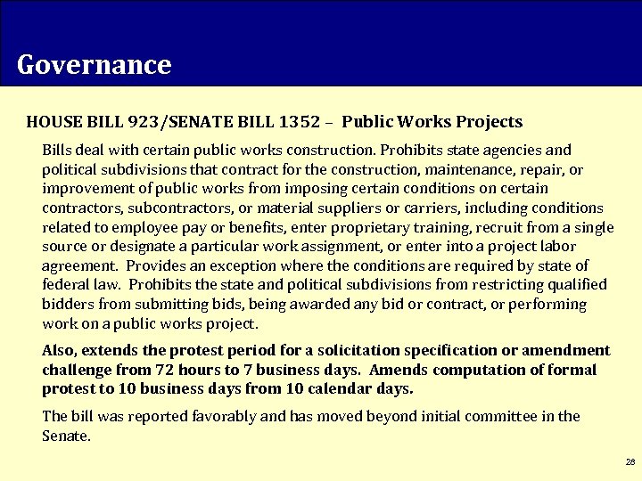 Governance HOUSE BILL 923/SENATE BILL 1352 – Public Works Projects Bills deal with certain