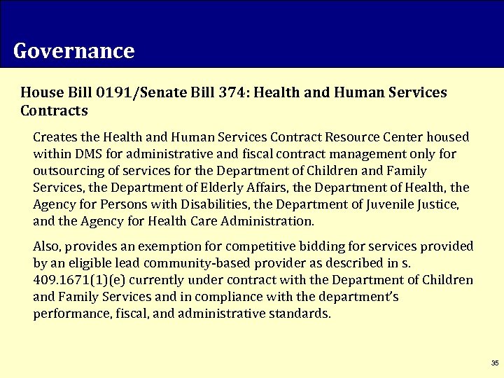 Governance House Bill 0191/Senate Bill 374: Health and Human Services Contracts Creates the Health