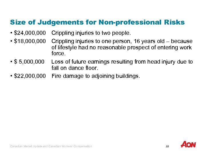 Size of Judgements for Non-professional Risks • $24, 000 Crippling injuries to two people.
