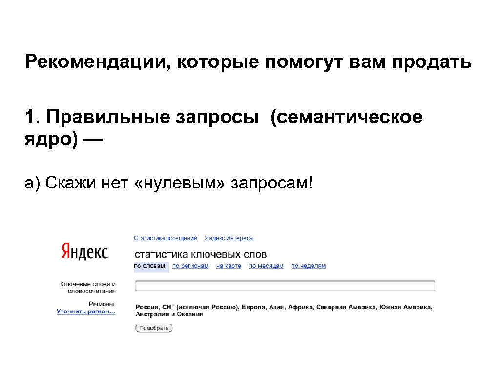 Рекомендации, которые помогут вам продать 1. Правильные запросы (семантическое ядро) — а) Скажи нет