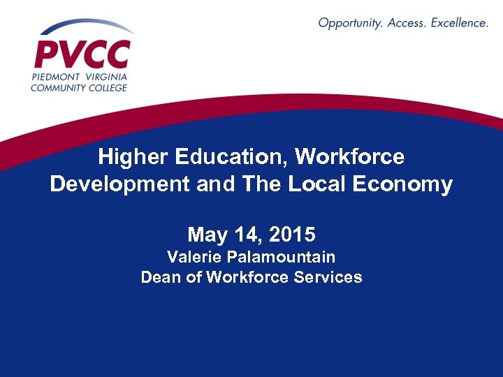 Higher Education, Workforce Development and The Local Economy May 14, 2015 Valerie Palamountain Dean