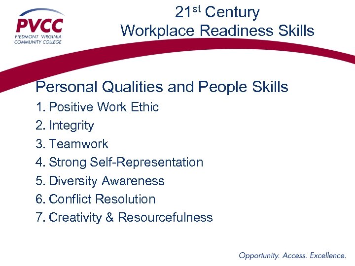 21 st Century Workplace Readiness Skills Personal Qualities and People Skills 1. Positive Work