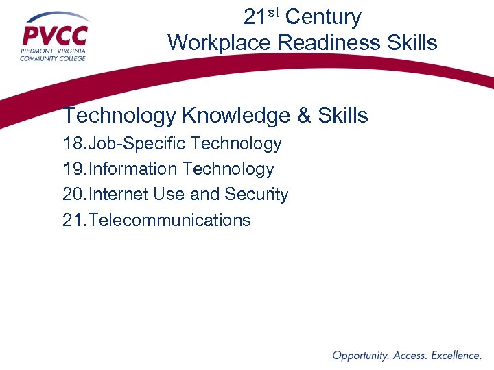 21 st Century Workplace Readiness Skills Technology Knowledge & Skills 18. Job-Specific Technology 19.