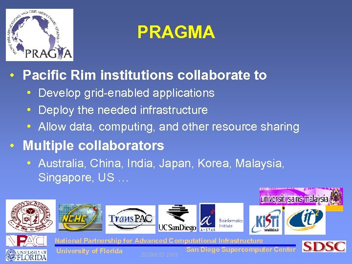 PRAGMA • Pacific Rim institutions collaborate to • Develop grid-enabled applications • Deploy the