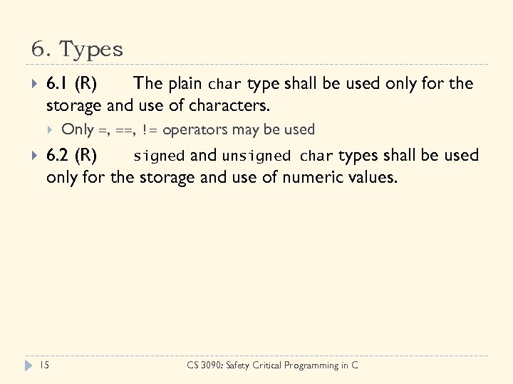 6. Types 6. 1 (R) The plain char type shall be used only for