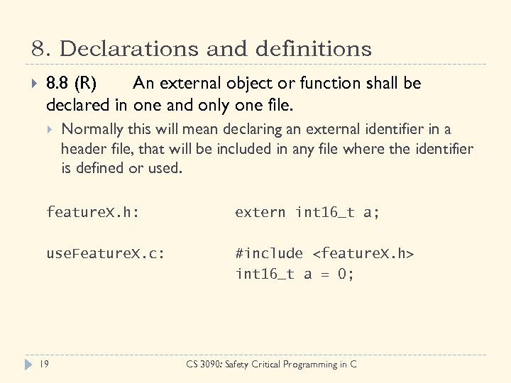 8. Declarations and definitions 8. 8 (R) An external object or function shall be