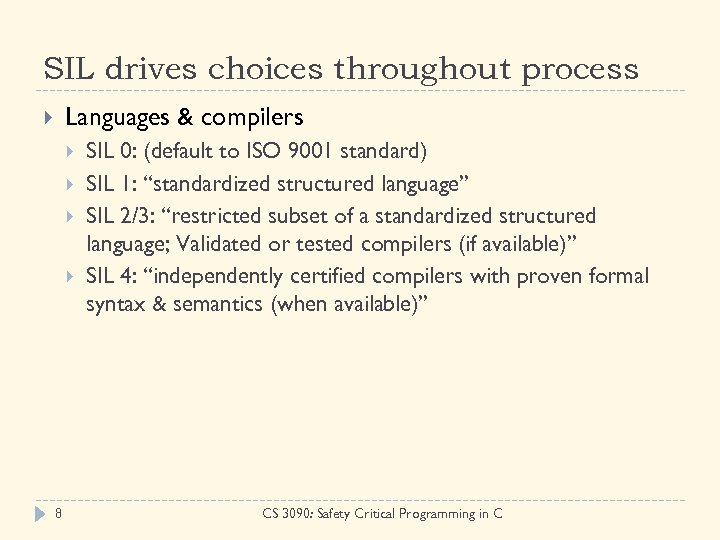 SIL drives choices throughout process Languages & compilers 8 SIL 0: (default to ISO