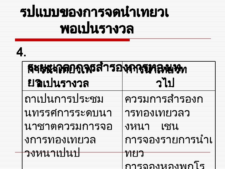 รปแบบของการจดนำเทยวเ พอเปนรางวล 4. ระยะเวลาการสำรองการทองเท การนำเทยวเพ การนำเทยวท ยว อเปนรางวล วไป ถาเปนการประชม ควรมการสำรองก นทรรศการระดบนา ารทองเทยวลว นาชาตควรมการจอ