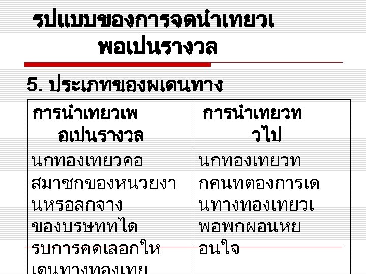 รปแบบของการจดนำเทยวเ พอเปนรางวล 5. ประเภทของผเดนทาง การนำเทยวเพ อเปนรางวล นกทองเทยวคอ สมาชกของหนวยงา นหรอลกจาง ของบรษททได รบการคดเลอกให การนำเทยวท วไป นกทองเทยวท