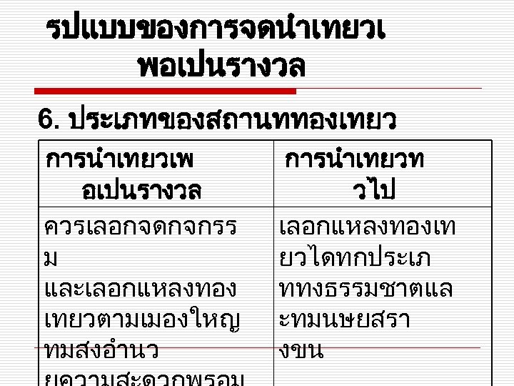 รปแบบของการจดนำเทยวเ พอเปนรางวล 6. ประเภทของสถานททองเทยว การนำเทยวเพ อเปนรางวล ควรเลอกจดกจกรร ม และเลอกแหลงทอง เทยวตามเมองใหญ ทมสงอำนว การนำเทยวท วไป เลอกแหลงทองเท