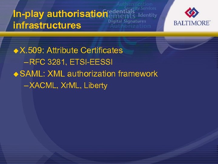 In-play authorisation infrastructures u X. 509: Attribute Certificates – RFC 3281, ETSI-EESSI u SAML: