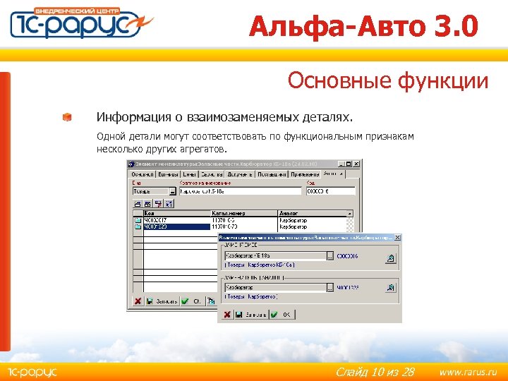 Альфа-Авто 3. 0 Основные функции Информация о взаимозаменяемых деталях. Одной детали могут соответствовать по