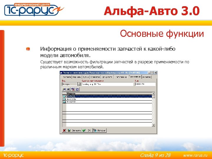 Альфа-Авто 3. 0 Основные функции Информация о применяемости запчастей к какой-либо модели автомобиля. Существует