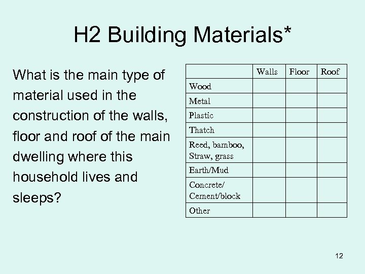 H 2 Building Materials* What is the main type of material used in the
