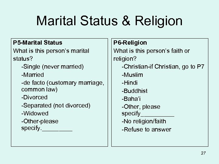 Marital Status & Religion P 5 -Marital Status What is this person’s marital status?