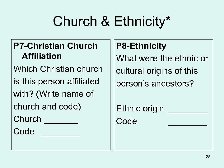 Church & Ethnicity* P 7 -Christian Church Affiliation Which Christian church is this person