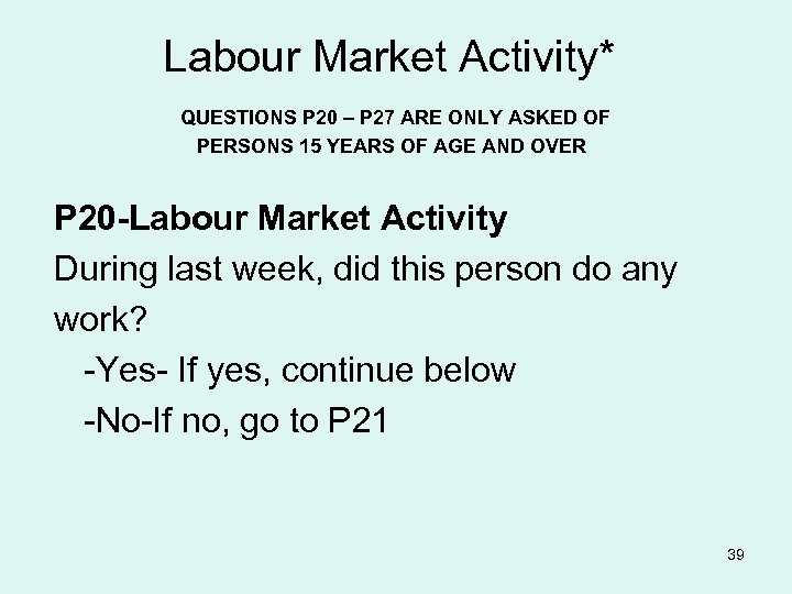 Labour Market Activity* QUESTIONS P 20 – P 27 ARE ONLY ASKED OF PERSONS