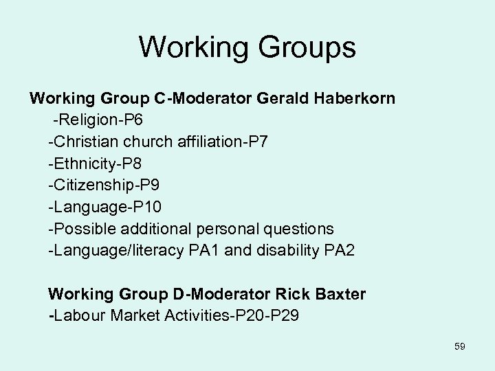 Working Groups Working Group C-Moderator Gerald Haberkorn -Religion-P 6 -Christian church affiliation-P 7 -Ethnicity-P