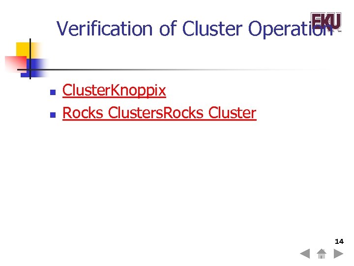 Verification of Cluster Operation n n Cluster. Knoppix Rocks Clusters. Rocks Cluster 14 